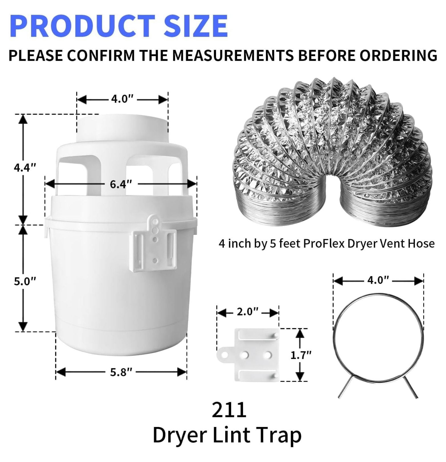 211 Dryer Lint Trap Indoor Dryer Vent Kit Filter Bucket with 4 Inch by 5 Feet Proflex Ducting Hose