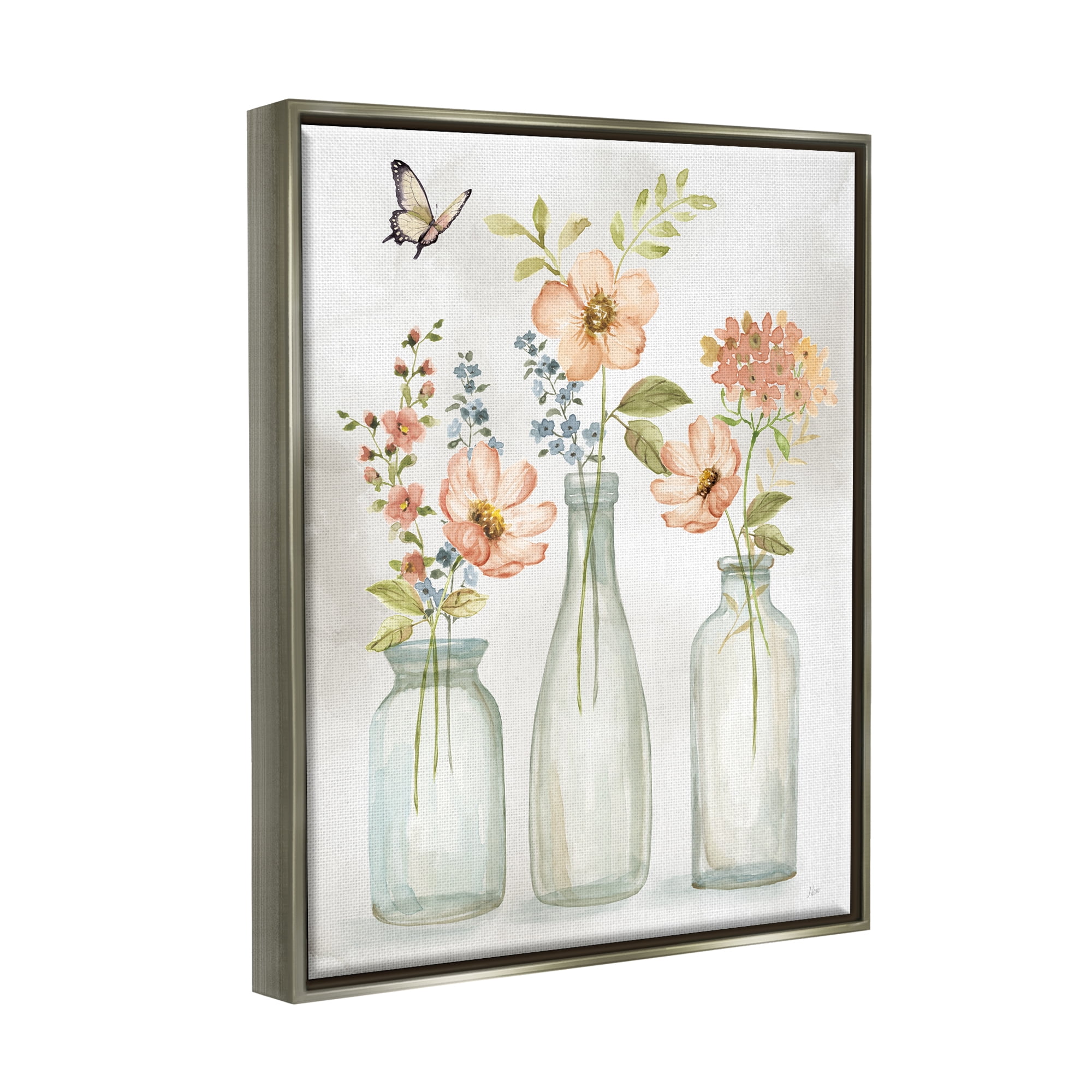 Stupell Pink Blossoms Butterfly Arrangement Botanical & Floral Painting Gray Floater Framed Art Print Wall Art