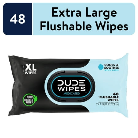 DUDE Wipes Flushable Wipes  Unscented XL Medicated Wet Wipes for Hemorrhoid Relief  48 Ct