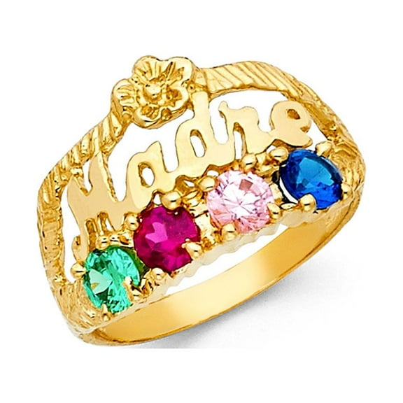 Madre Ring Solid 14k Yellow Gold Mom Band Four Stone Multi Color CZ Mothers Day Fashion Fancy, Size 7