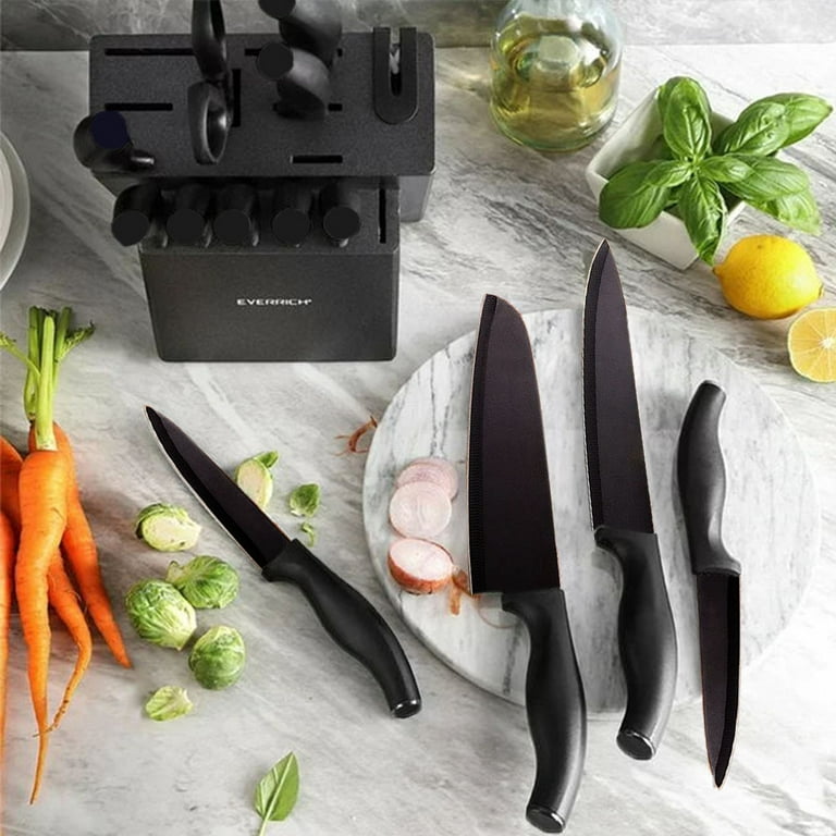 Everrich Knife Set, 15pcs German Stainless Steel Kitchen Knife Block Set, Knives Set for Kitchen with Built-in Sharpener, Black