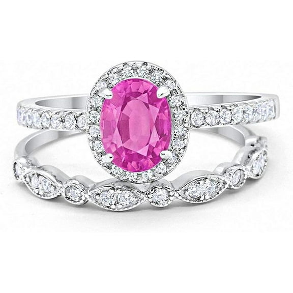 Divine Creation 14K White Gold Plated 2.10 Ct Oval Cut Pink Sapphire Wedding Engagement Halo Bridal Ring Set 925 Sterling Silver For Women's -5