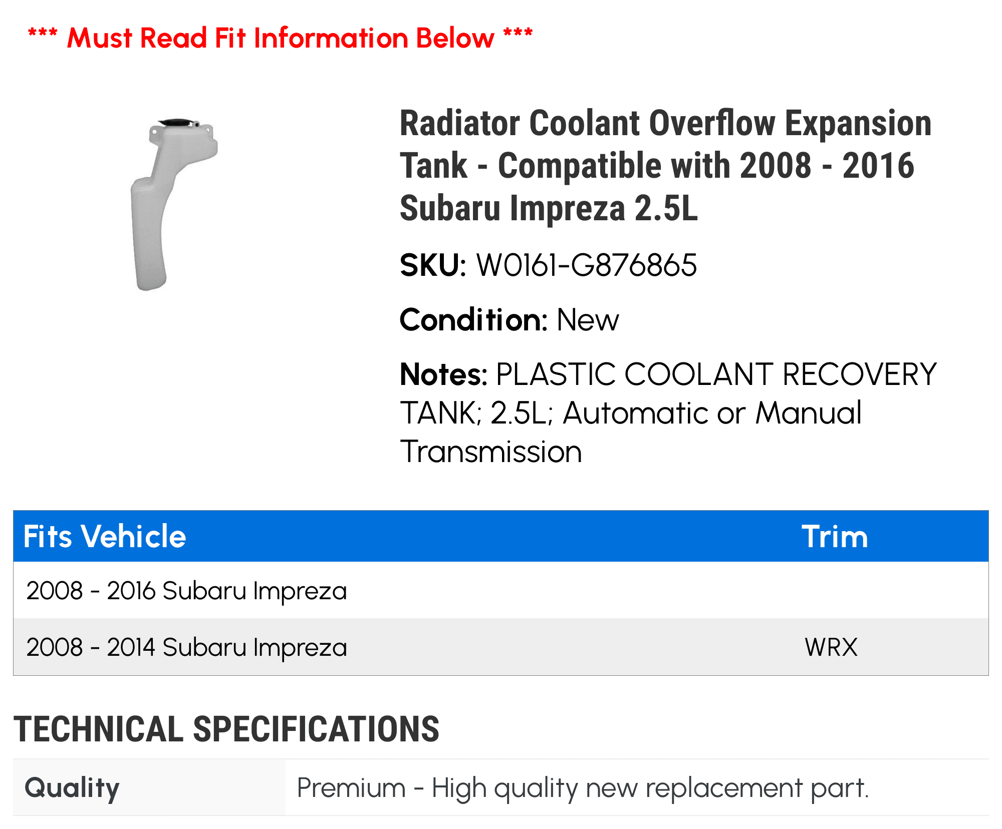 Radiator Coolant Overflow Expansion Tank - Compatible with 2008 - 2016 Subaru Impreza 2.5L 2009 2010 2011 2012 2013 2014 2015