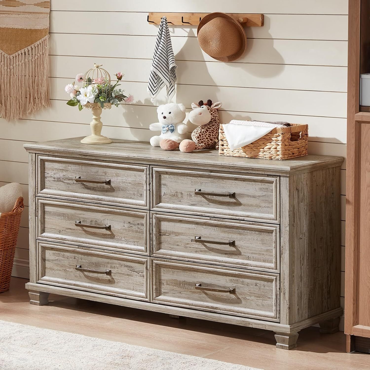 LELELINKY 6 Drawer Wood Dresser Furniture, Double Tier Storage Cabinet for Bedroom & Living Room, Grey Finish