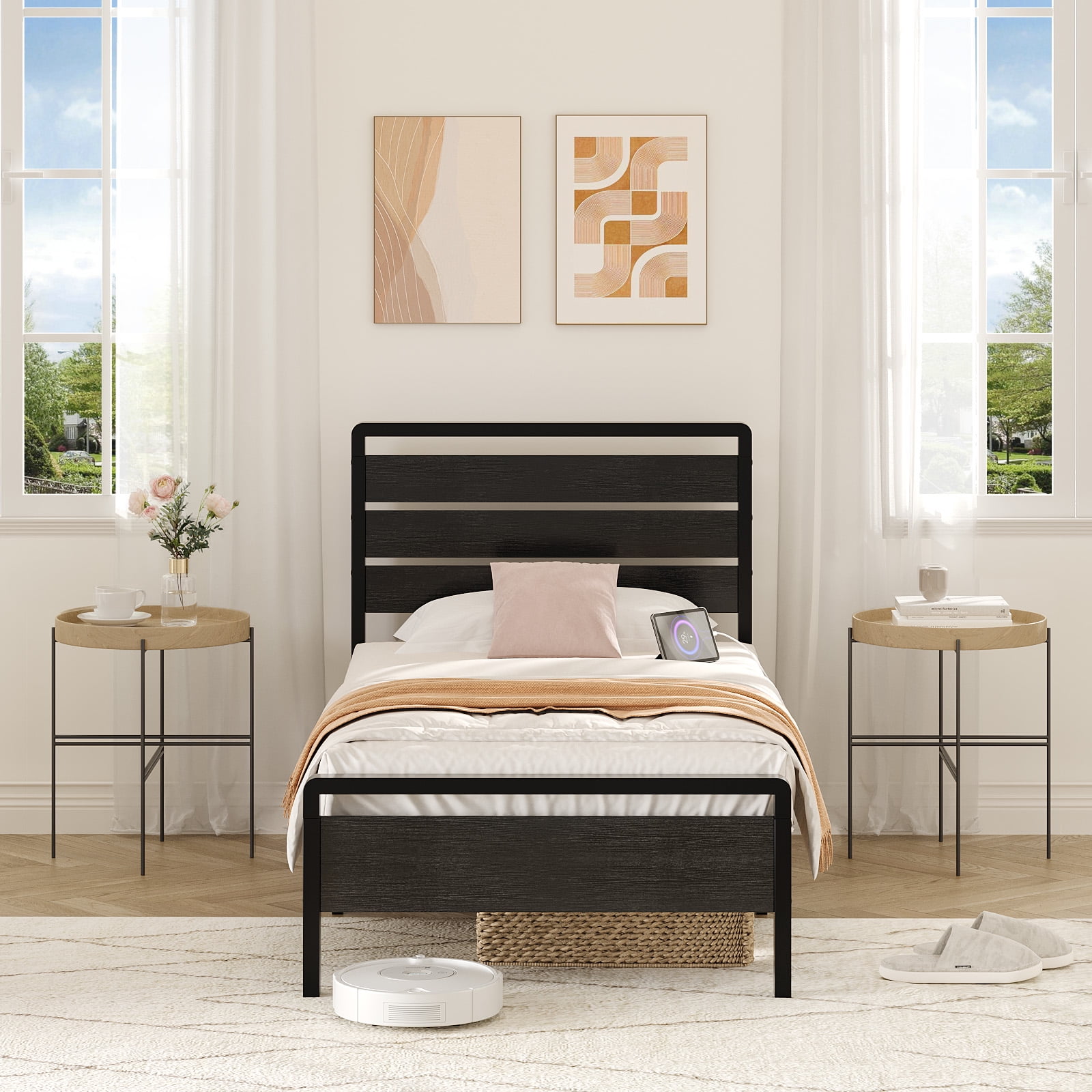 Zimtown Twin Size Platform Bed Frame, Heavy Metal Bed Frame with Wooden LED Headboard, 12" Under-Bed Storage, Black