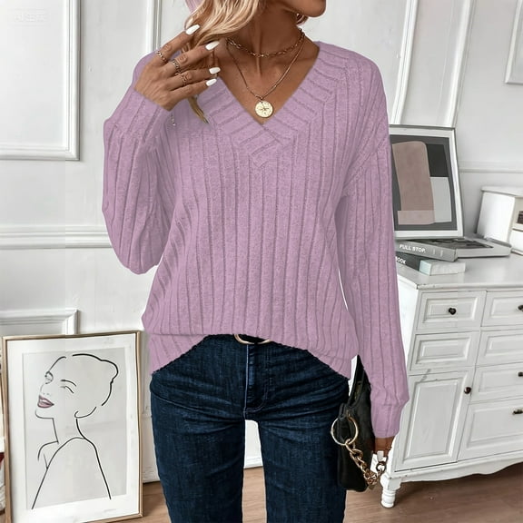 Women's Casual Long Sleeve V Neck Lightweight Knitted Sweaters Loose Fit Plus Size Tunic Tops