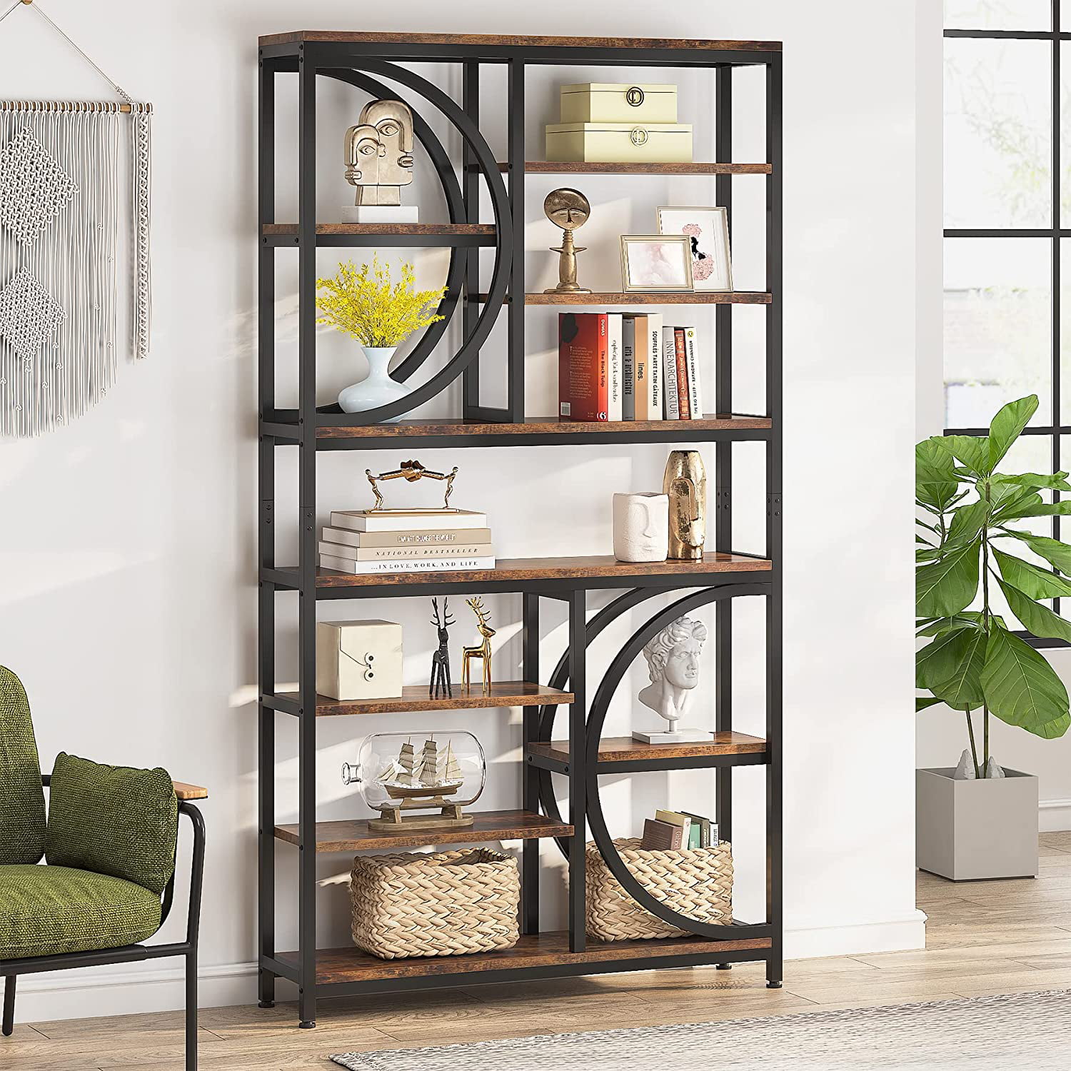 Tribesigns Bookshelf, Industrial 8-Tier Etagere Bookcases, Rustic Tall Book Shelf  Open Display Shelves, Wood Look Accent Shelving Unit with Metal Frame for  Home Office, Living Room, Bedroom