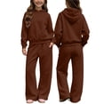 thumbnail image 2 of Amidoa Girls 2 Piece Outfits Fall Winter Clothes Hooded Solid Color Fleece Long Sleeve Sweatshirt and Pants Kids Clothing Sets Brown Size 13-14 Years, 2 of 7