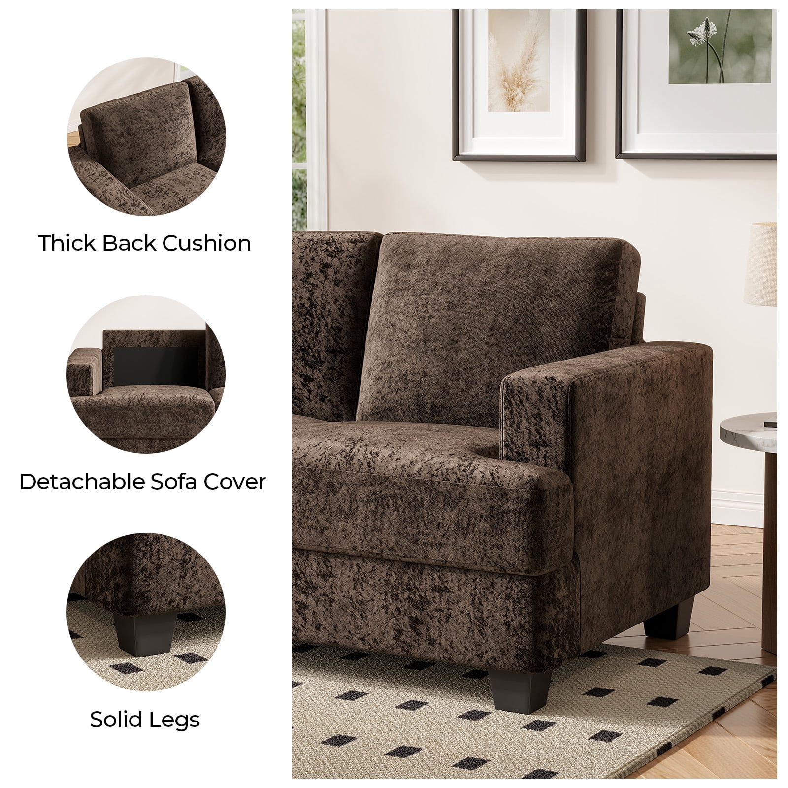 BLAZANT 89" Extra Deep Seats Oversize, Chenille Fabric 3 Seater Sofa for Living Room, Modern Couch and Sofa, Comfy Armrests and Seats and Backrests, Easy Installation,Dark Brown