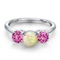 thumbnail image 3 of Gem Stone King 925 Sterling Silver White Ethiopian Opal and Pink Created Sapphire Engagement Ring for Women | 1.66 Cttw | Round Cabochon 6MM | Gemstone October Birthstone | Size 7, 3 of 6