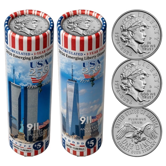 Collectible 2026 P & D Set Emerging Liberty Dime Rolls • USA 250 • World Trade Center 9/11 • 25th Anniversary Limited Edition