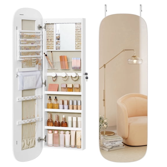 SONGMICS Jewelry Organizer, LED Jewelry Cabinet Wal, Lockable Rounded Wide Mirror with Storage, Interior Mirror, White Surface with Greige