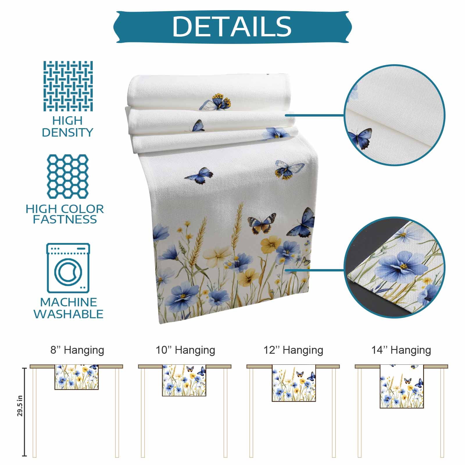 nqOlkjepod Butterflies Floral Table Runner 60 Inches Long Farmhouse Dress Scarves, Country Plants Wildflower Leaves Dining Tablerunner for Coffee Table/Kitchen Island/Party Décor, 13" x 60"