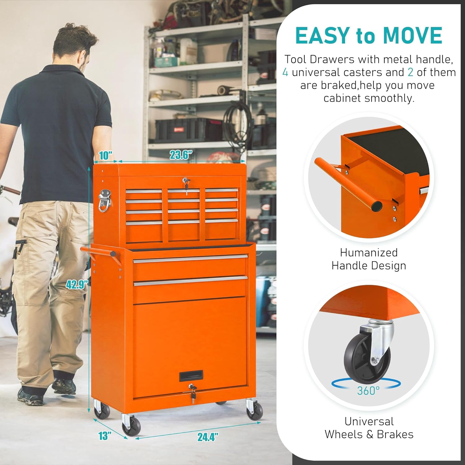 2-IN-1  Tool Chest & Cabinet, Large Capacity 8-Drawer Rolling Tool Box Organizer with Wheels Lockable, Orange
