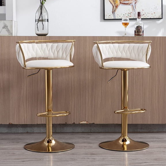 Woven Bar Stool Set of 1, Adjustable Counter Height Bar Stool with Back and Solid Gold Base, Velvet Swivel Kitchen Stool for Island, White