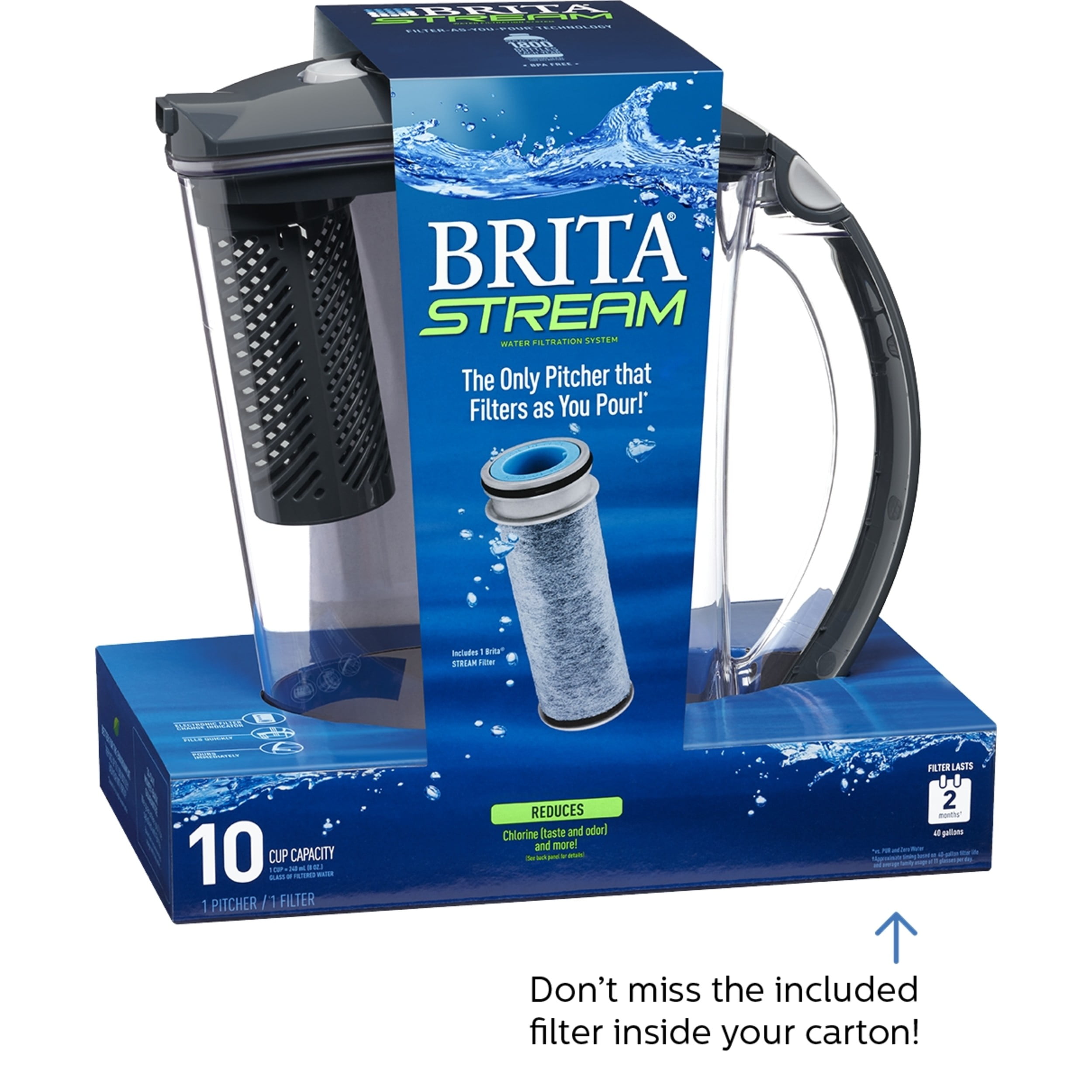 Brita Large Stream Filter as You Pour Plastic 10-Cup Gray Water