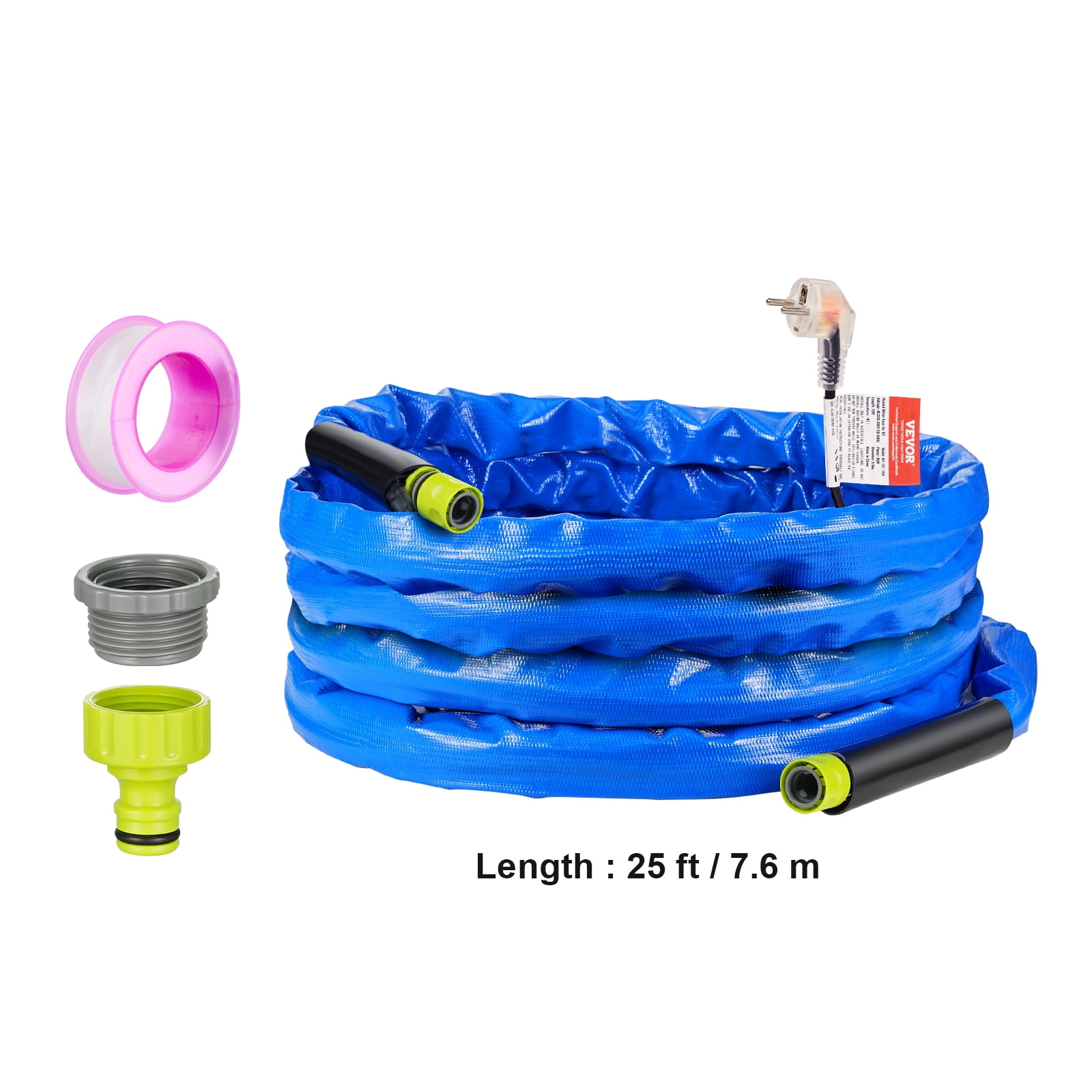 VEVOR 25ft Heated Water Hose for RV, Heated Drinking Water Hose with Corrugated Cover Antifreeze to -45°F, Automatic Self-regulating, 5/8" I.D. with 3/4" GHT Adapter, Lead and BPA Free