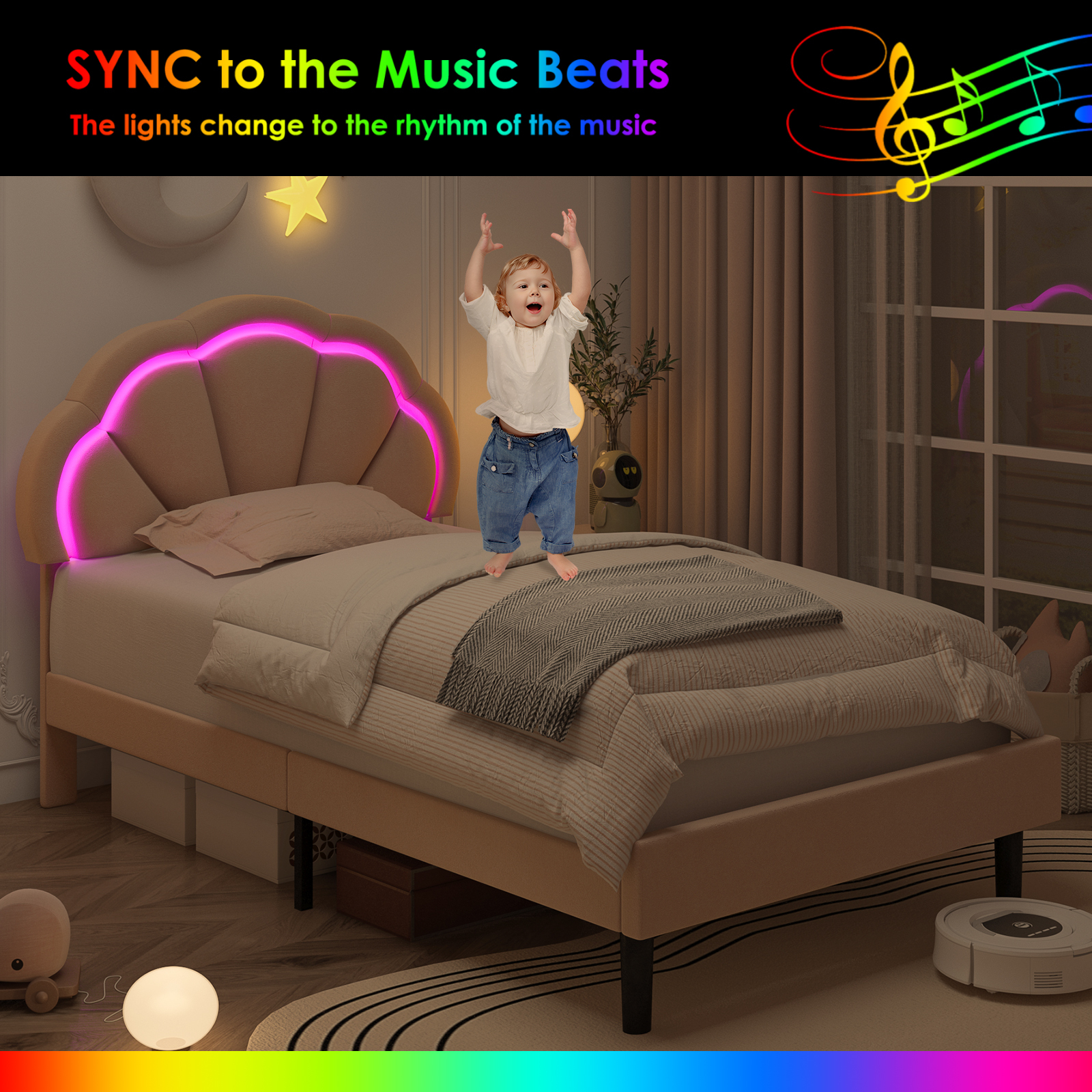 Homfa LED Bed Frame, Twin Size Velvet Upholstered Platform Bed with Adjustable Headboard, Lights Seashell Bed, Pink