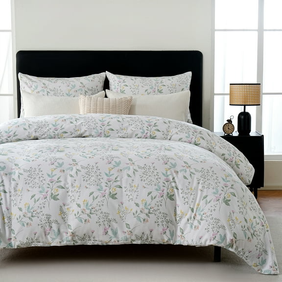 Floral Duvet Cover - 100% Natural Cotton Breathable Bedding Set with Zipper Closure,3 Pcs Ultra Soft Pink Floral with Green Leaves Comforter Cover