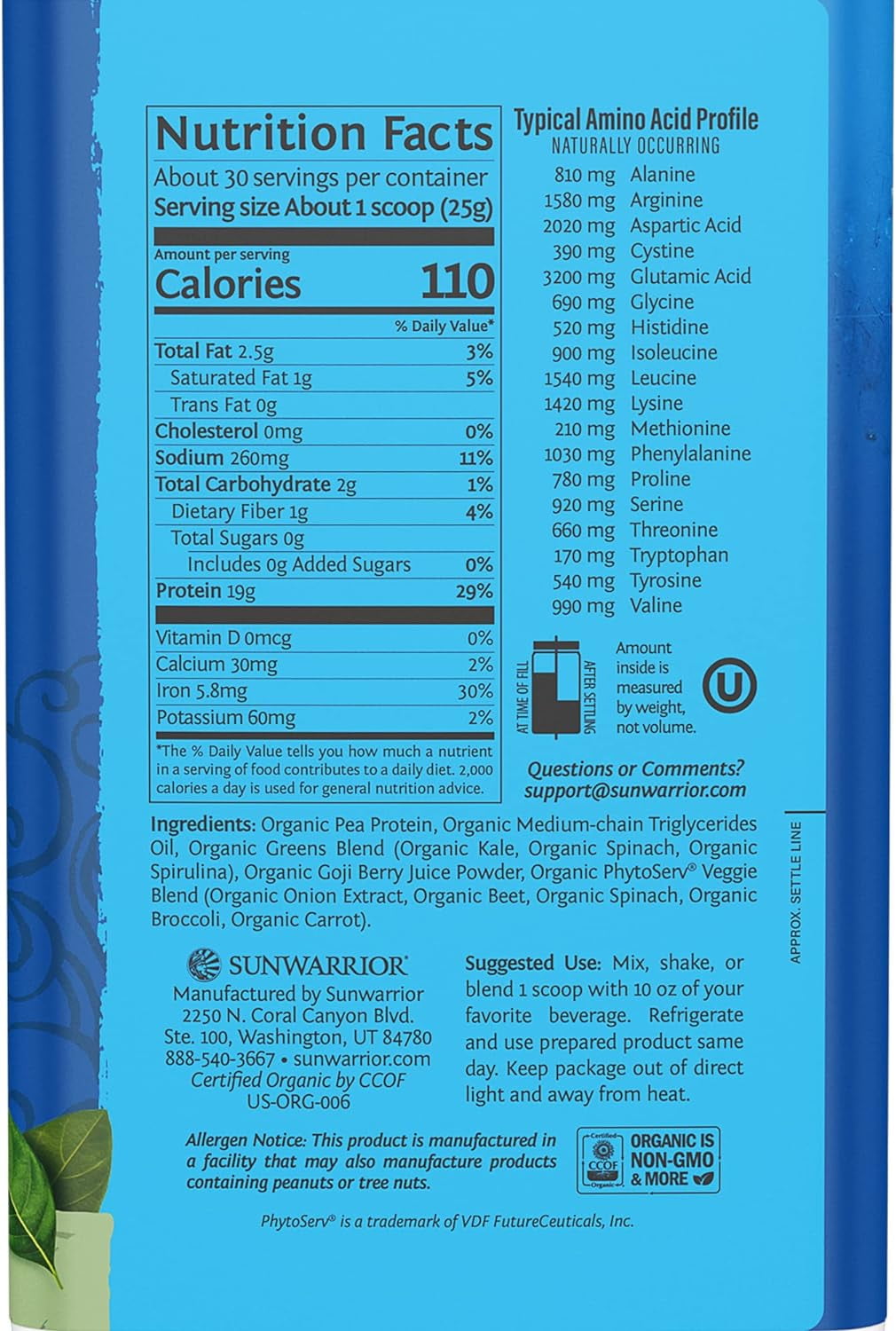 Sunwarrior Warrior Blend Greens Vegan Protein Powder, Unflavored, 750g (30 Servings)
