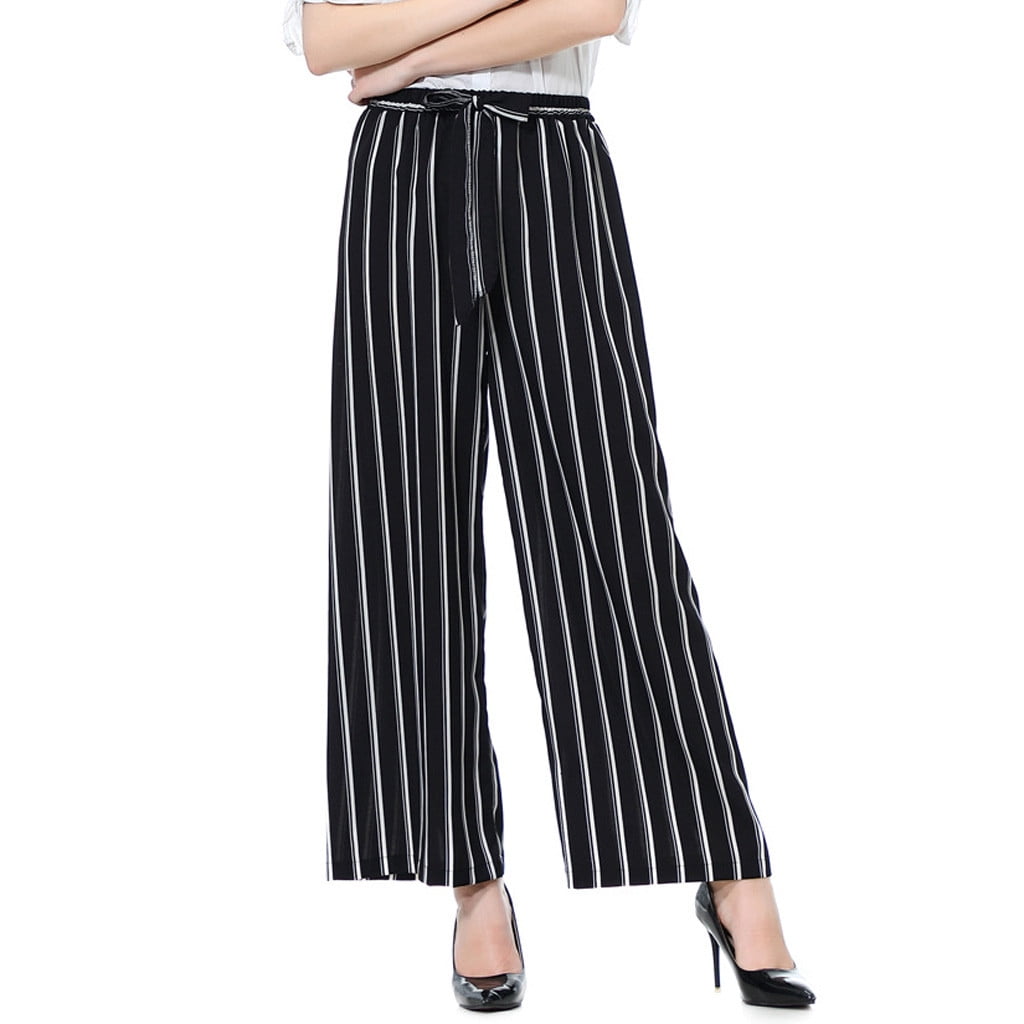Blvb Wide Leg Pants For Women Elastic Waist Tie Striped Baggy Straight Leg Pants Ladies Casual Palazzo Pants White