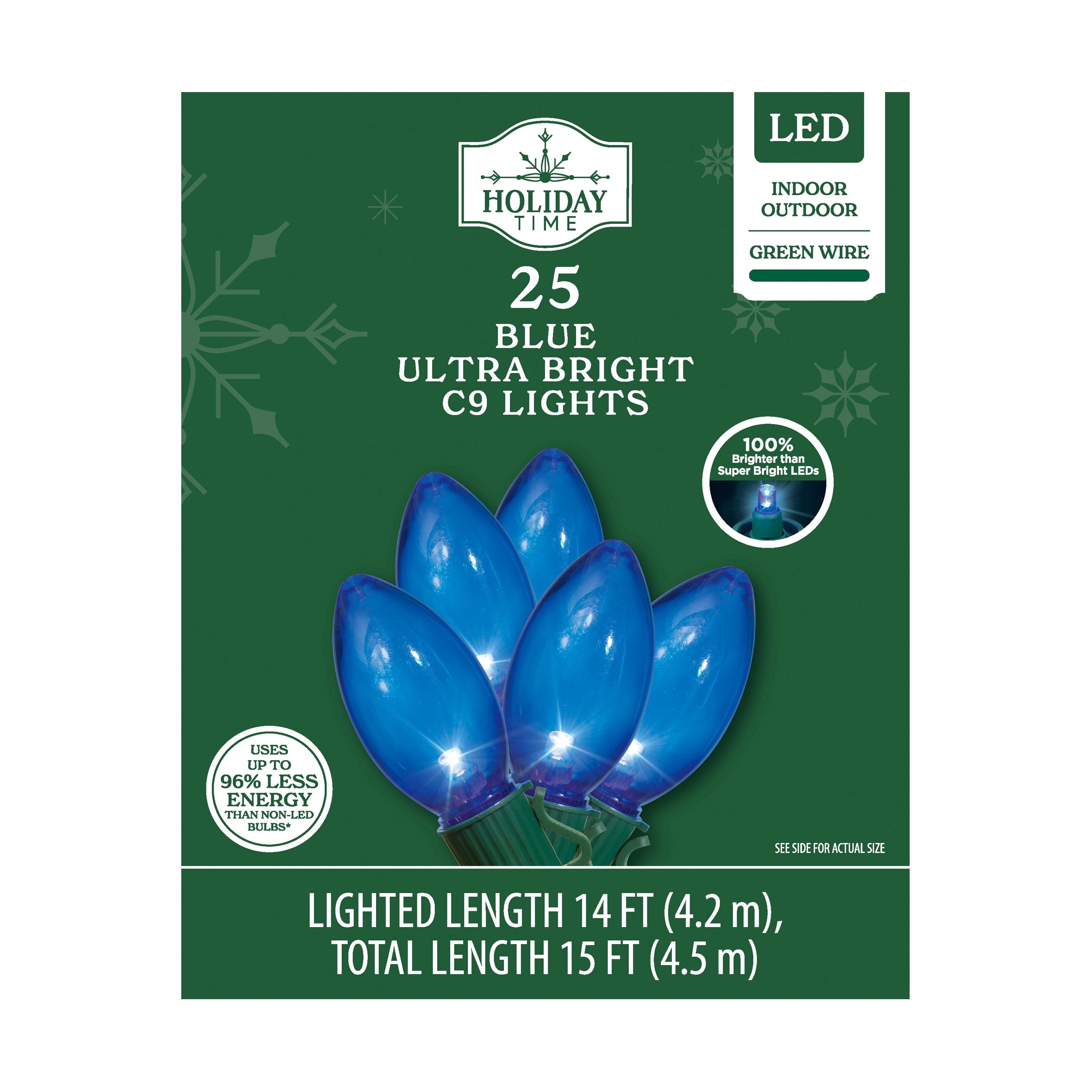 Indoor/Outdoor 25-Count LED Ultra Bright C9 Christmas String Lights, Blue, Green Wire, 14', by Holiday Time