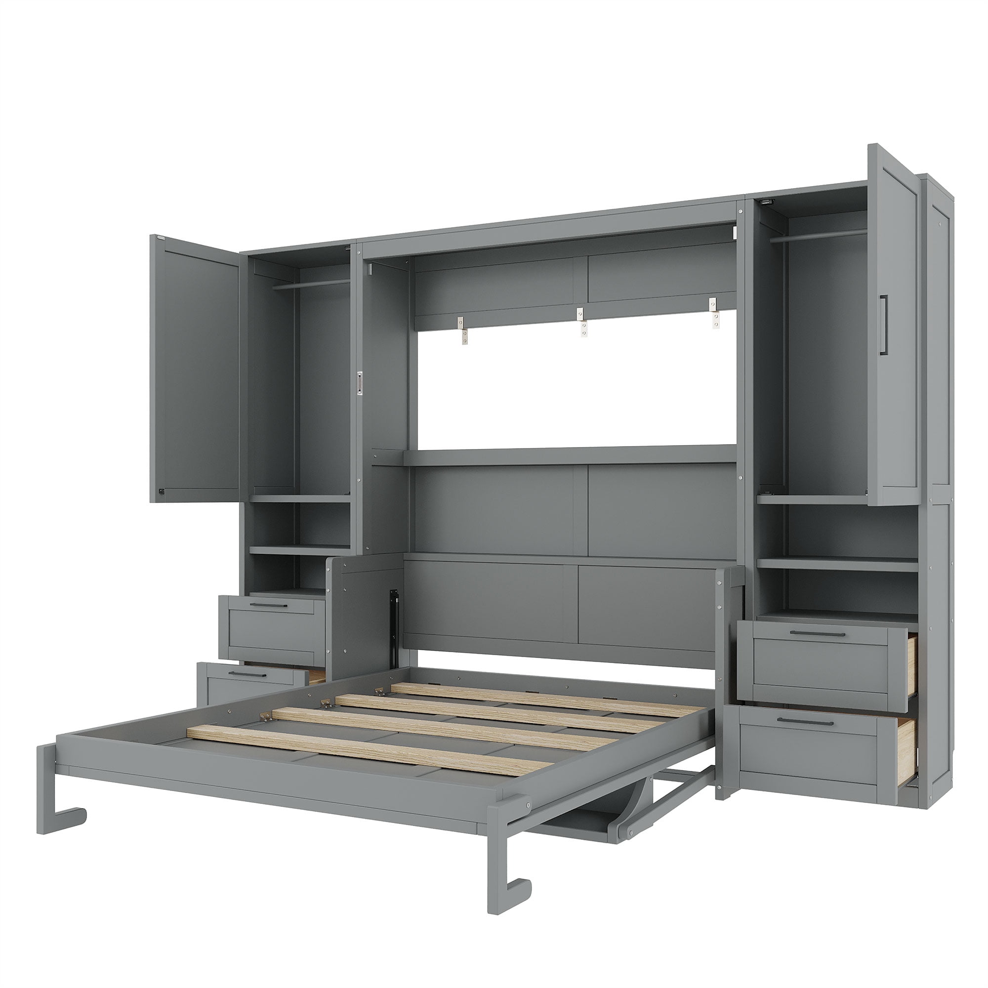 Queen Size Murphy Bed with 2 Closet, 4 Drawers and Open Shelves for Small Space, Guest Room