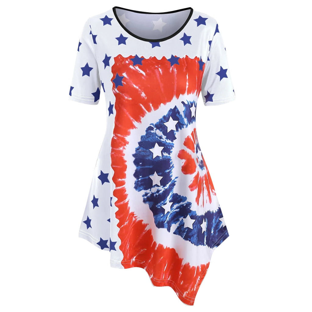 LINKIOM Fashion Women Stripe America Flag Printed O-Neck Short Sleeve Top T-Shirt Blouse 