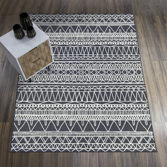 My Magic Carpet 5'x7' Machine Washable Rug for Dining Living Room - Chelsea Tribal Aztec Dark Grey