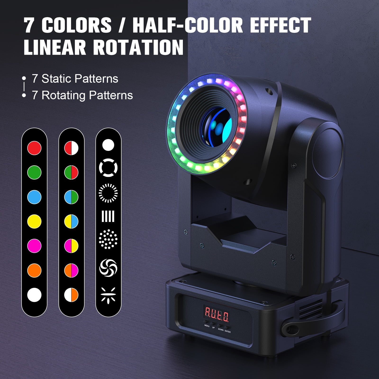 Moving Head DJ Lights ,150W (8000K) 7 Gobos 7 Colors Beam/Focus LED Stage Light,3-Facet Prism Party Light w/ RGB Ring Light 13/15CH for KTV Wedding Halloween Christmas