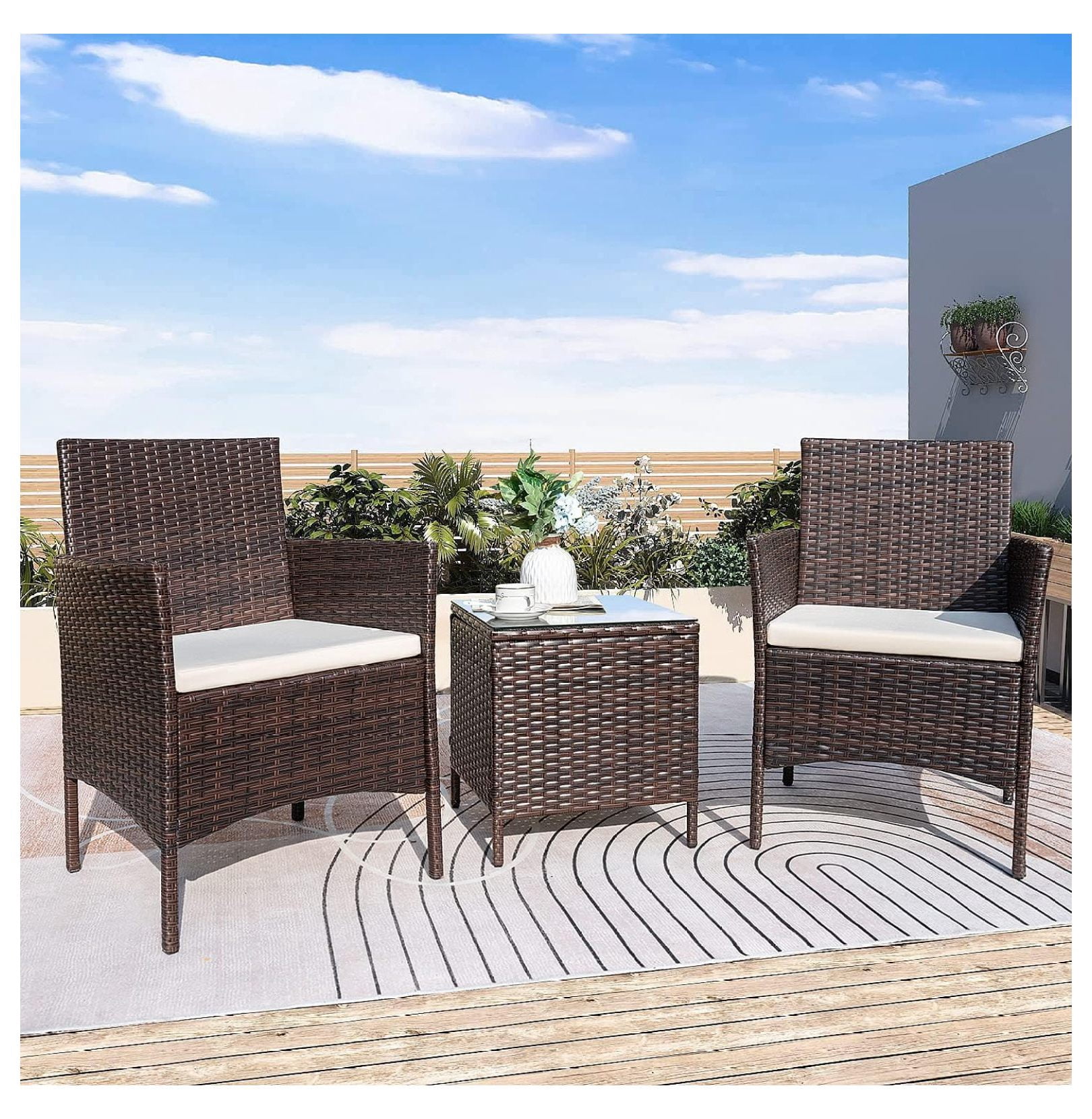 Patio Chairs Set of 2 Outdoor Front Porch Furniture Bistro Set 3 Piece Wicker Patio Chairs Balcony Furniture for Backyard Patio Balcony Lawn Pool (Brown)