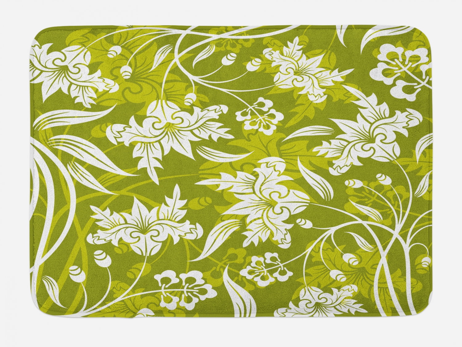 Floral Bath Mat, Flourishing Flower Pattern on Green Background Nature