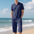thumbnail image 6 of RYDCOT Mens 2 Pieces Cotton Linen Set Lapel Short Sleeve Shirts Casual Yoga Capri Pants Summer Beach Outfits Navy, 6 of 9