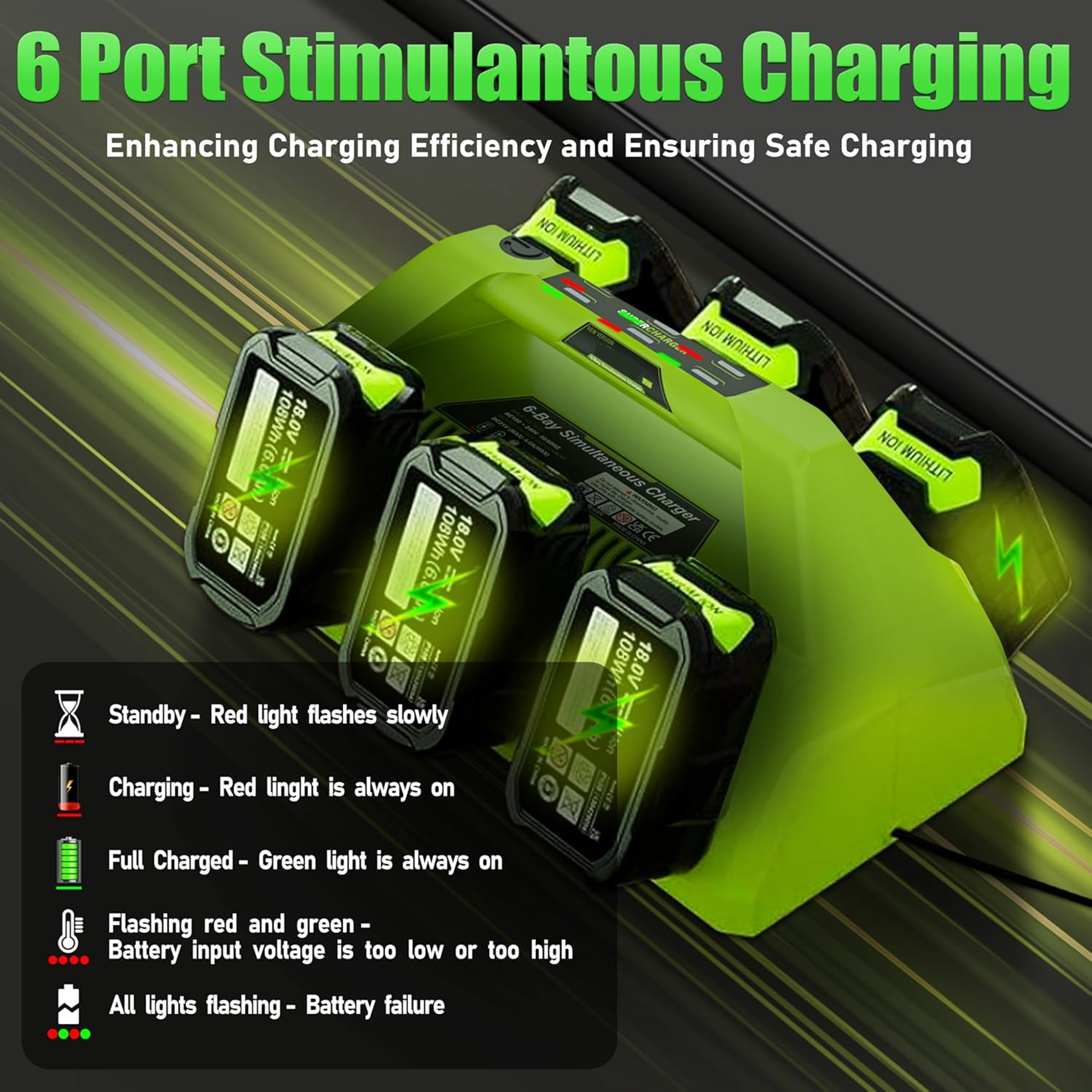 【Simultaneously Charging】 Upgraded 6-Port Rapid Charger for Ryobi 18V Lithium-Ion Batteries, Compatible with Ryobi 18V ONE+ Battery Systems (6-Pack Simultaneously Charging Station)
