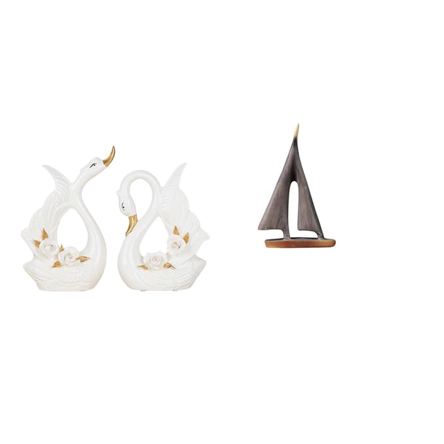 Elegante escultura de cerámica de cisne y . Figura decorativa de arte náutico y animal para estantería, vitrina o habitación.