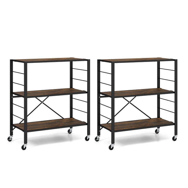 Costway 2 PCS 3-Tier Folding Shelf Free DIY Design Shelving Unit with 4 Universal Wheels Kitchen Black