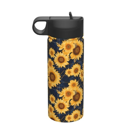

Ocsxa Navy Blue Plaid Sunflower Print 18 oz Insulated Water Bottle With Straw Stainless Steel Sports Water Cup Flask Wide Mouth Travel Thermal Mug for Home Office or Car