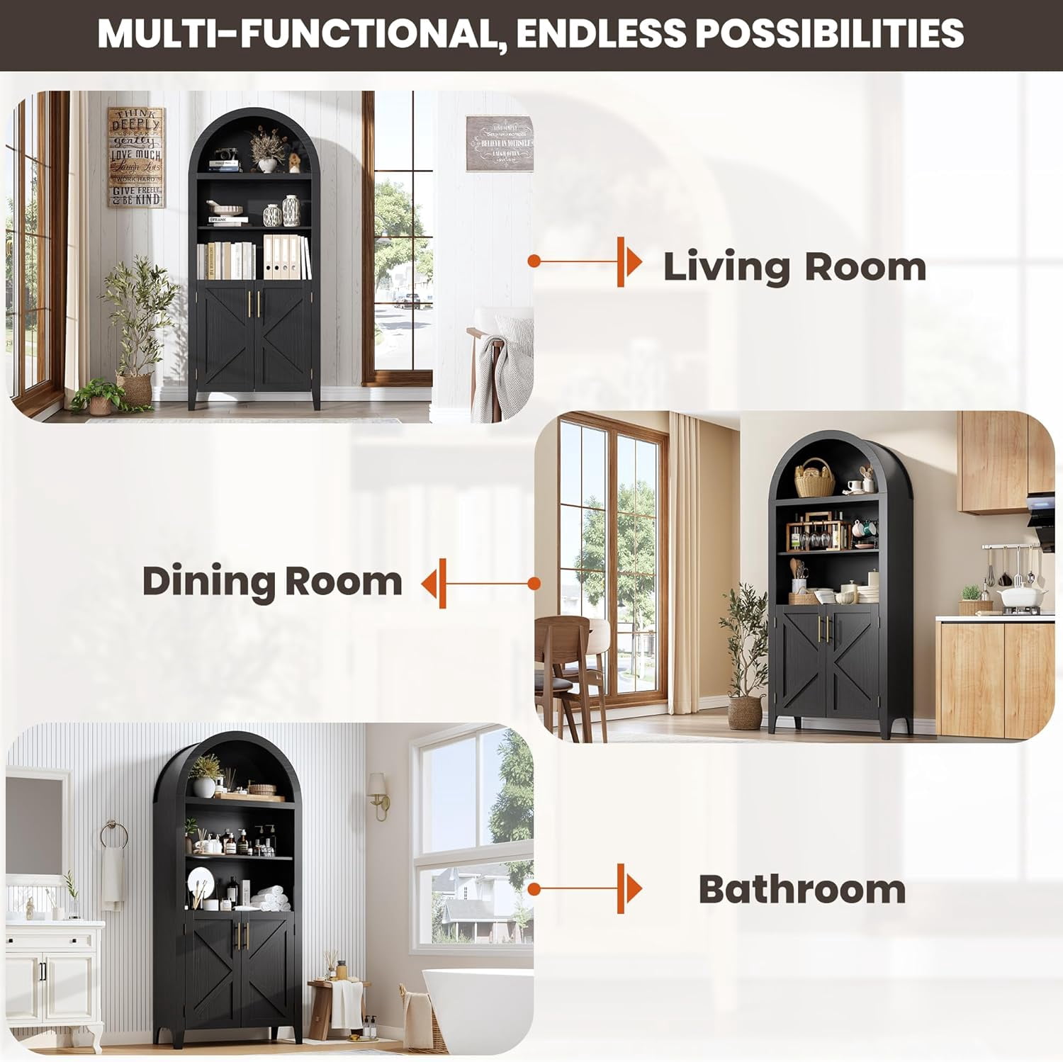 BouPower Arched Pantry Cabinet with Open Display Shelf,Kitchen Cabinet with Doors,Versatile Cupboard for Kitchen Dining Room
