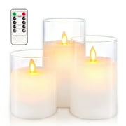 Meltone Glass LED Flameless Candles, Set of 3 Real Wax LED Pillar Battery Operated Remote Control and Timer