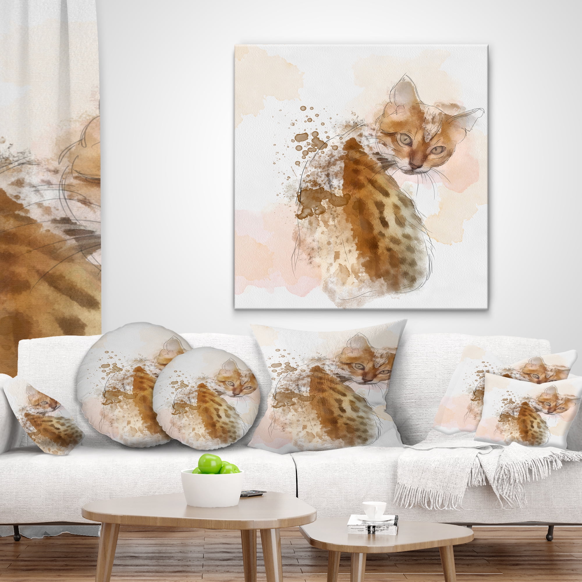 Designart Cute Cat Sketch with Brown Splashes - Animal Throw Pillow - 16x16