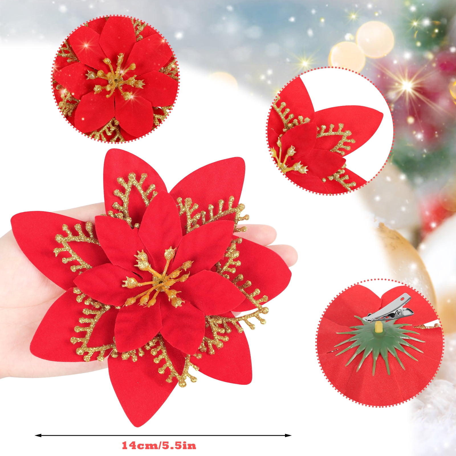 12 Pack 5.5" Artificial Poinsettia Christmas Tree Ornaments Decorations, Red and Gold