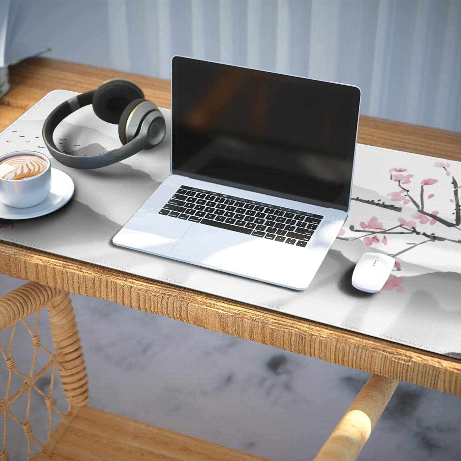 White Cherry Blossom Mouse Pad Japanese Extended Gaming Mouse Pad (35.4x15.7 in) Large Non-Slip Rubber Base Desk Protector with Stitched Edges Sakura Full Desk Mousepad XXXL