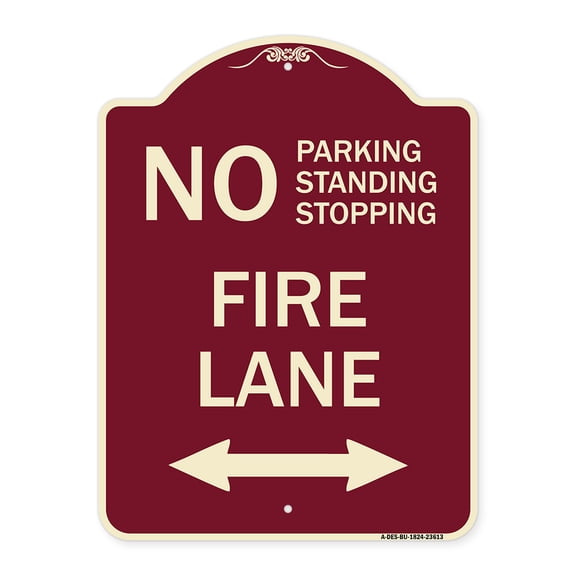 SignMission Designer Series Sign - No Parking Standing or Stopping Fire Lane with Bidirectional Arrow | Burgundy 18" x 24" Heavy-Gauge Aluminum Architectural Sign | Made in the USA