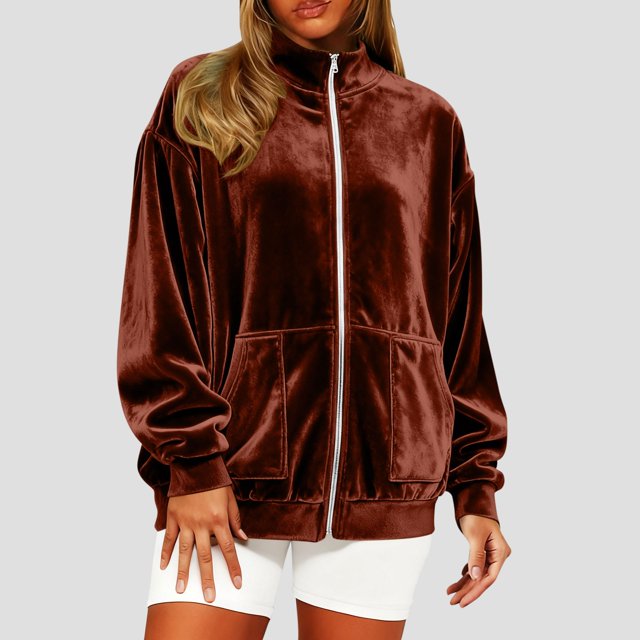 Karight Velvet Hooded Sweatshirt for Women Long Sleeve Full Zipper Outerwear Soft Warm Velour Jacket with Pockets
