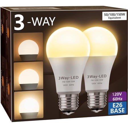 LED Light Bulbs, 3 Way LED Light Bulbs 50 100 150W Equivalent, 3 Way Light Bulb, Three Way A19 Light Bulbs E26 Medium Base, Warm White 3000K, 500lm-1000lm-1500lm, 2 Pack