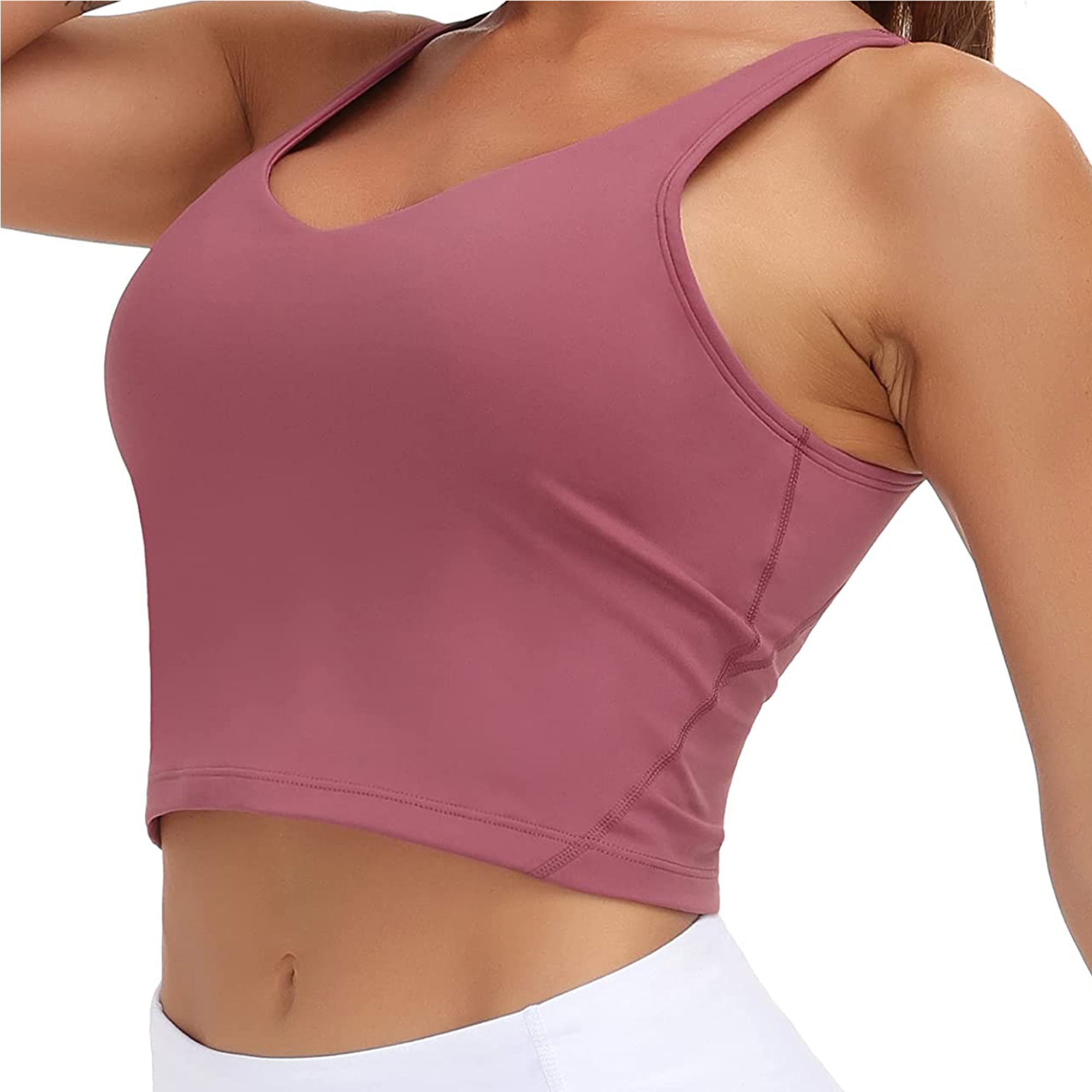 Women Cotton Padded Longline Sports Bra Cami Tank Top for Workout Fitness  Yoga Free Size (Pack of 2), Size (28-34).Pink Grey