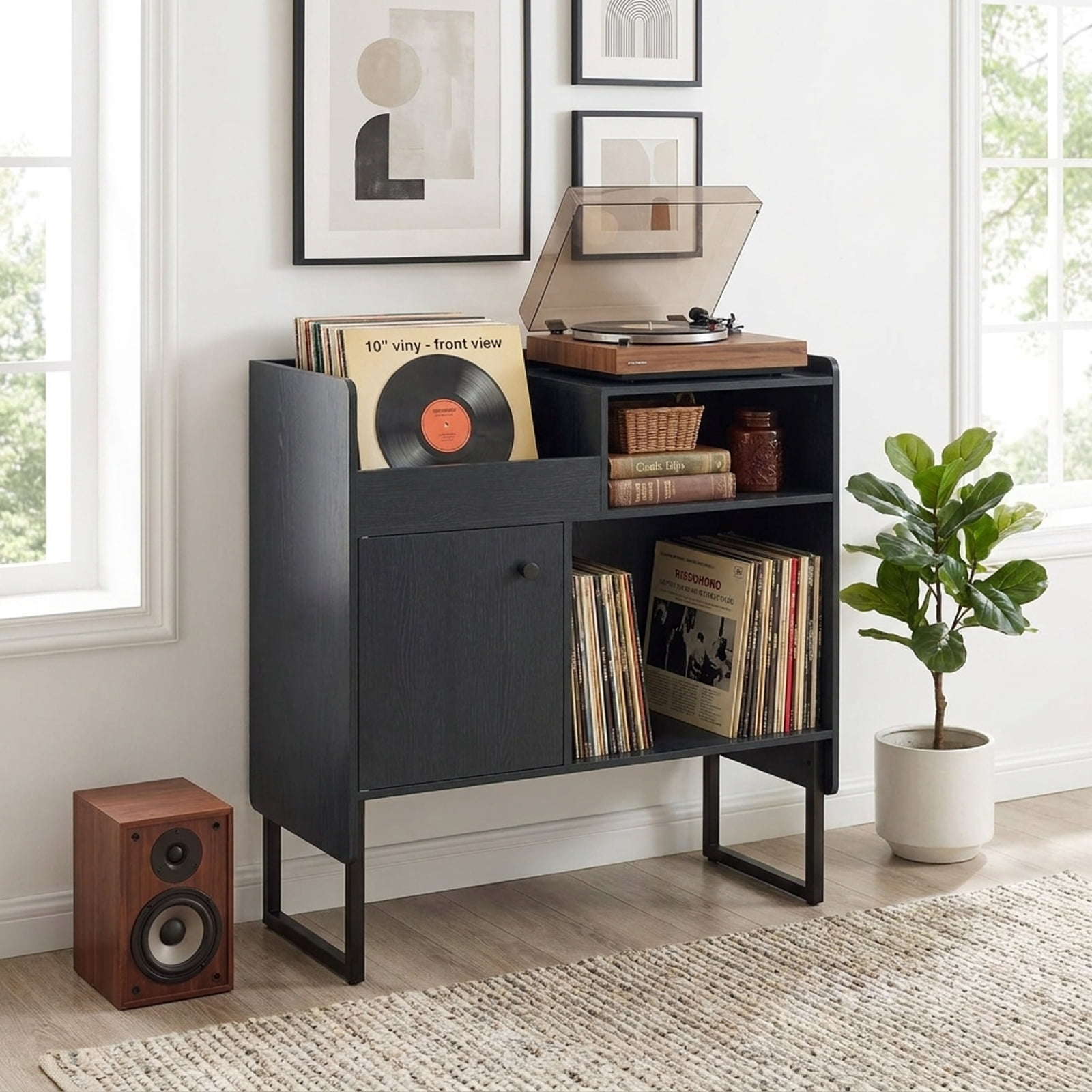 Furnibear Record Player Stand with Power Outlets USB Type-C Ports and Vinyl Storage Holder for up to 250 Albums Cabinet, Black