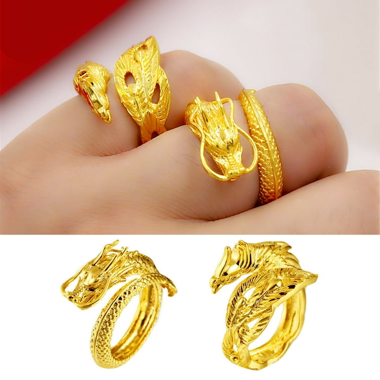 Mightlink Couple Matching Ring 3D Dragon Phoenix Golden Color Open Adjustable Proposal Wedding Ring Anniversary Gift Adult Knuckle Ring Finger Jewelry