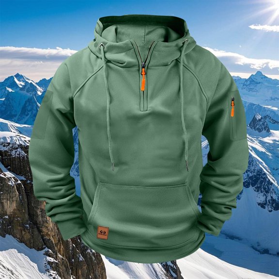 Men's Thermal Fleece Lined Hoodie Half Zip Pullover with Multiple Pockets, Raglan Sleeve Sport Coat for Outdoor Casual Winter Wear