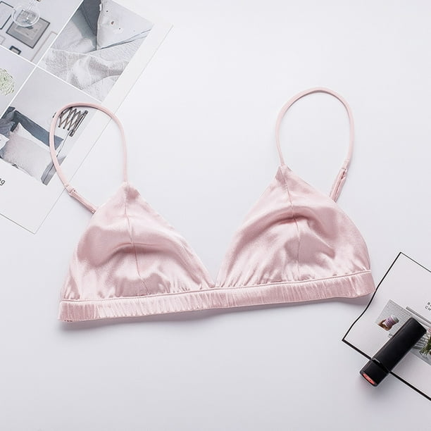 Women Soft Silk Satin Bra Comfortable Underwear Wireless Bralette White  Pink
